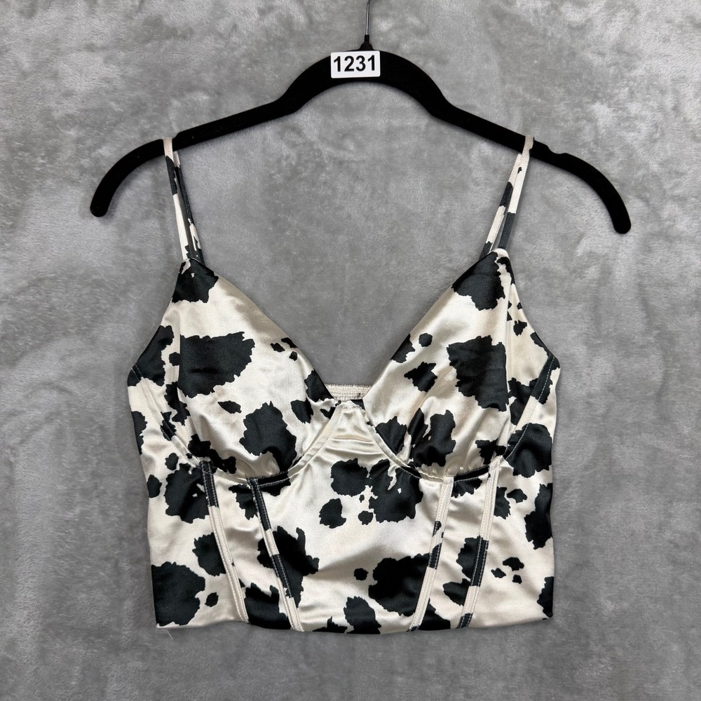 Cow Print Corset Top Women XS Black White Satin Cami Smocked Back Coquette